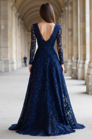 Bleu marine Col V Manches longues Robe longue Mère de la mariée Dentelle trapèze